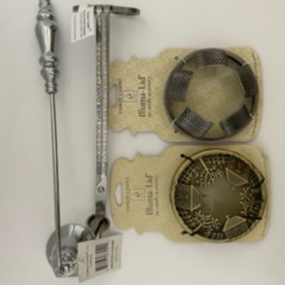 Candle toppers (2), chrome wick trimmer and snuffer from Yankee Candle